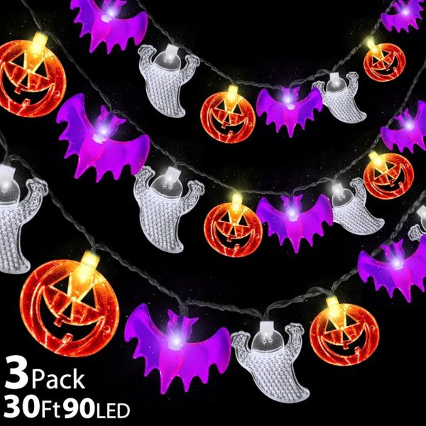 [Timer & 3 Pack]Halloween Lights Total 30Ft 90LED Halloween Decorations Indoor 3 in 1 Orange Pumpkins Purple Bats White Ghost Halloween String Lights Battery Operated for Home...