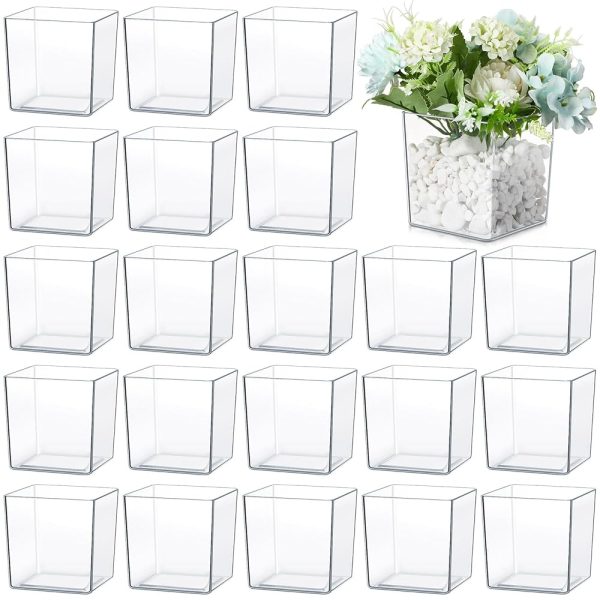 Tioncy 24 Pcs Cube Clear Flower Vase 4'' x 4'' Acrylic Flower Vase Square Acrylic Container Cube Flower Acrylic Vase Decorative Centerpiece for Plant Wedding Home Office Floral...