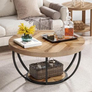 Tribesigns 31.7" Round Coffee Table, Industrial 2-Tier Circle Coffee Table with Storage Shelves, Modern Wooden Accent Center Table Sofa Side Table for Living Room, Home Office,...