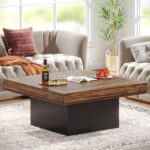 Tribesigns Coffee Table Square LED Coffee Table Engineered Wood Low Coffee Table for Living Room (Rustic Brown+Black)