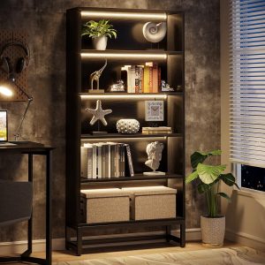 Tribesigns Tall Bookcase Black Bookshelf, 70.8” Large Bookcases Organizer with LED Lights, Heavy Duty Free-Standing Library Bookshelf with 5-Tier Storage Shelves for Living...