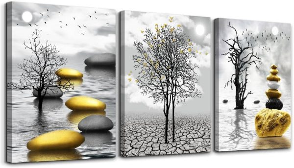 TTHYUEWS Canvas Wall Art For Living Room Modern Inspiration Wall Decor For Bedroom Office Wall Decoration Black And White Painting Yellow Landscape Wall Pictures Prints Artwork...