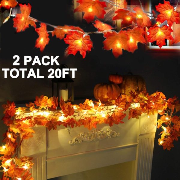 TURNMEON 2 Pack Fall Decor Enlarged Maples Leafed Halloween Fall Decorations for Home Fall Lights Thick Leafs Garlands, Total 20Ft 40LED Battery Operated Waterproof Thanksgiving...