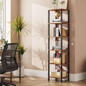 TUTOTAK Bookshelf, 6-Tier Tall Book Shelf, Narrow Bookcase for Small Space, DIY Stackable Bookshelf, for Living Room, Office, Study, Entryway, Industrial, Rustic Brown BS01BB006