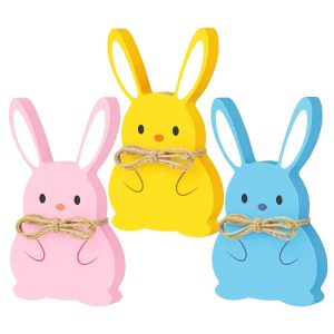 TYL&TYS 3Pcs Easter Bunny Decor,Easter Table Decorations,Wooden Rabbit Shape Sign with Jute Rope,Spring Tiered Tray Farmhouse Party Office Desk Restaurant Indoor Room...