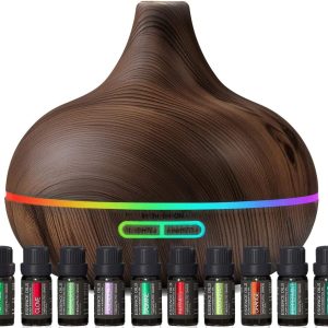 Ultimate Aromatherapy Diffuser & Essential Oil Set - Ultrasonic Diffuser & Top 10 Essential Oils - 300ml Diffuser with 4 Timer & 7 Ambient Light Settings - Therapeutic Grade...