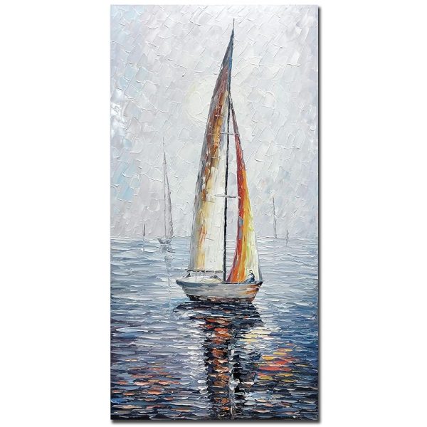 V-inspire Art,24X48 Inch Modern Abstract Hand Painted Oil Paintings Sailing Boat On The Sea Acrylic Canvas Hanging Painting Living Room Bedroom Wall Art Home Decoration