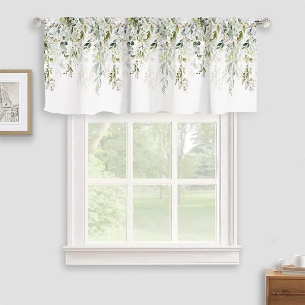 Valances Curtain Sage Green Floral Kitchen Rod Pocket Short Panels Watercolor Eucalyptus Leaves Retro Window Treatment Topper Curtains for Living Bedroom Farmhouse 1 Panel 54x18 in