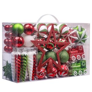 Valery Madelyn 100ct Joyful Red Green White Christmas Ball Ornaments, Shatterproof Xmas Balls for Christmas Tree Decoration…