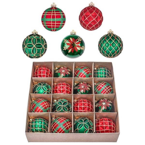 Valery Madelyn 16ct Christmas Ball Ornaments Set, Red Green and Gold Shatterproof Hanging Decorations for Trees, 3.15 Inches