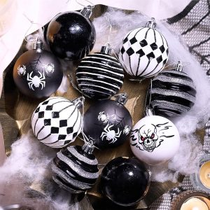 Valery Madelyn 30ct Halloween Ornaments for 4Ft Christmas Tree Decorations, 2.36 Inch Black and White Skull Ball Ornament Set for Craft, Modern Shatterproof Holiday Party Indoor...