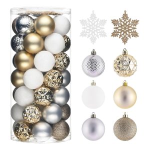 Valery Madelyn Christmas Tree Decorations Ornament Set for Fall Halloween Decor, 50ct White and Gold Shatterproof Christmas Ball Ornaments Bulk, 2.36 Inches Hanging Decor for...