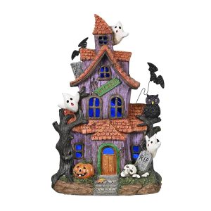 Valery Madelyn Halloween Haunted House Figurine with Bat Ghost Pumpkin for Halloween Decorations, 11.6 Inch Pre-Lit Lighted Halloween Resin Village Statue with LED Light for...