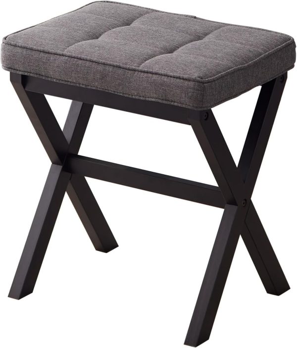 Vanity Stool, Square Linen Makeup Stool with Wood X Legs, Small Ottoman Stool Chair for Vanity, Modern Padded Vanity Seat Foot Rest Stool for Makeup Room, Bathroom