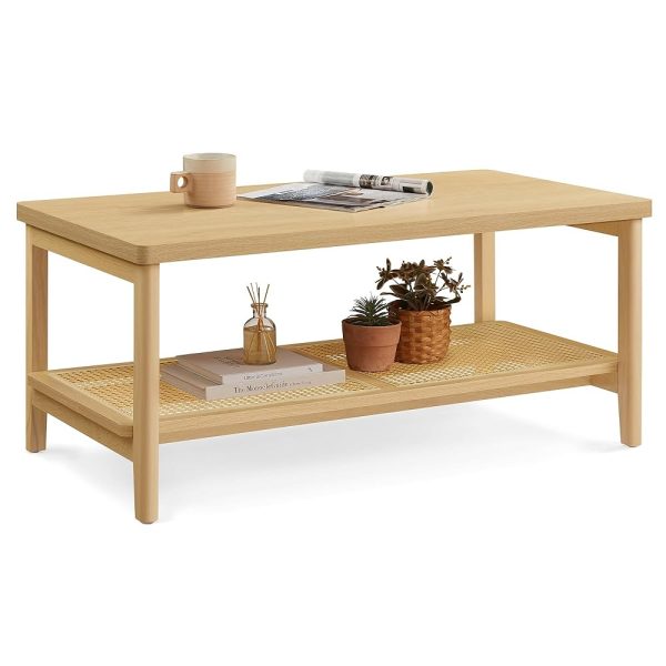 VASAGLE 2-Tier Coffee Table for Living Room, Living Room Table Rectangular Center Table, with PVC Rattan Storage Shelf, Rounded Corners, Easy Assembly, Boho Style, Oak Beige...