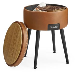 VASAGLE EKHO Collection - Storage Ottoman, Vanity Chair Stool, Synthetic Leather with Stitching, Mid-Century Modern, Round Storage Seat with Steel Legs, Loads 330 lb, Caramel...