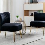 Velvet Accent Chair Set of 2 Comfy Living Room Chair Armless Slipper Chair Mid Century Side Chair Single Sofa Chair with Golden Legs Wingback for Bedroom Guest Room, Black