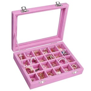 Velvet Jewelry Box 24 Grid Jewelry Ring Display Organiser Box Tray Holder Earrings Storage Case for Girls Wife Mom Women (Pink)