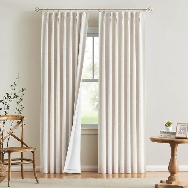 Vision Home Natural Pinch Pleated Full Blackout Curtains Linen Blended Room Darkening Window Curtains 90 inch for Living Room Bedroom Thermal Insulated Pinch Pleat Drapes with...