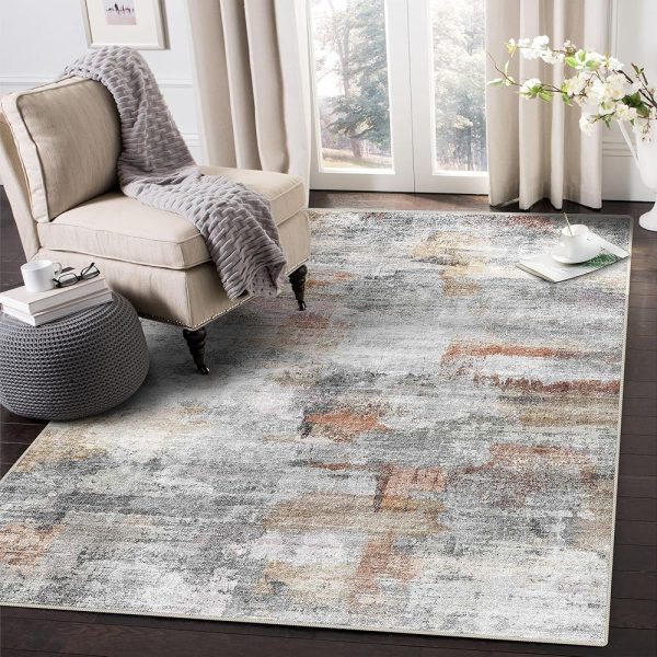 vivorug Ultra Soft Area Rug 5x7, Non Slip Washable Foldable, Stain Resistant Abstract Rugs for Living Room Bedroom, Modern Fuzzy Rug (Gray/Rust, 5'x7')