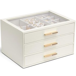 Vlando Jewelry Box for Women, Glass Lid Jewelry Organizer with 3 Drawers for Necklaces Rings Earrings Bracelets - White