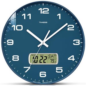 Wall Clock, 12" Dial Non-Ticking Silent Battery Operated Analog with LCD Display for Perpetual Calendar and F° Temperature, Ideal Modern Home, Bedroom, Kitchen, Office Decor (Blue)