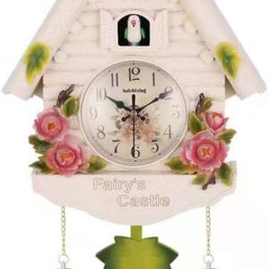 Wall Clock,European Pastoral Style Resin Cuckoo Wall Clock Bird for Time Bell Swing Alarm Watch Cartoon Vintage Antique Home Art Decoration, 26*42cm, White Flowers