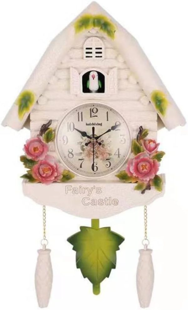 Wall Clock,European Pastoral Style Resin Cuckoo Wall Clock Bird for Time Bell Swing Alarm Watch Cartoon Vintage Antique Home Art Decoration, 26*42cm, White Flowers