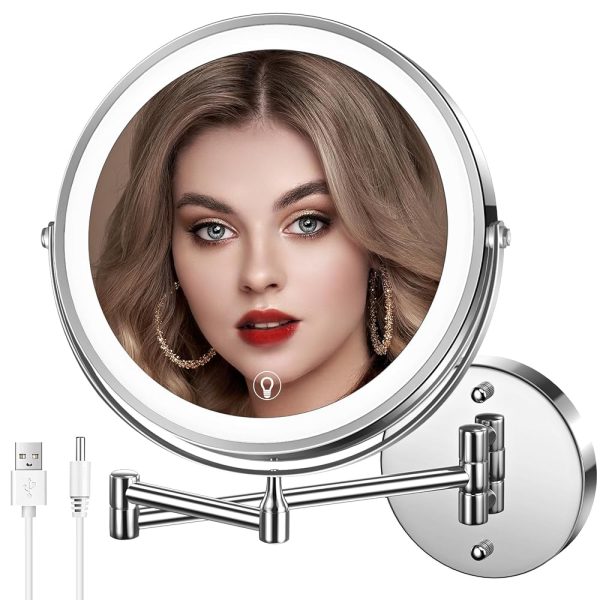 Wall Mounted Lighted Makeup Mirror, 8" Rechargeable Double-Sided Magnifying Mirror 1x/10x, 3 Colors Led Vanity Mirror with Lights, Touch Dimmable 360° Rotation Foldable Light up...