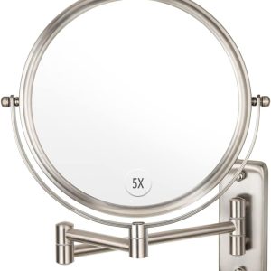 Wall Mounted Makeup Mirror, 1X/5X Magnifying Mirror Double Sided, 8 Inch Extendable Bathroom Mirror for Shaving, Nickel