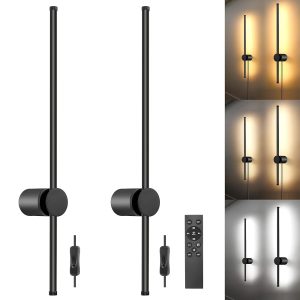 Wall Sconces Set of Two with Remote, Stepless Colors 3000K-6500K & Stepless Dimming, Hardwire or Plug-in, 180° Rotate, LED Black Plug in Wall Sconces with Timer & Night Light,...