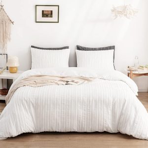 WARMDERN White Boho Duvet Cover Set King Size, Striped Textured Duvet Cover Tufted Bedding Set, 3 Pcs Ultra Soft Washed Microfiber Duvet Cover with Zipper Closure (King, White)