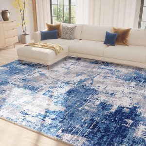 Washable Area Rugs 8'x10' Non-Slip Modern Abstract Soft for Living Room Entryway Bedroom, Blue Grey Navy Gray