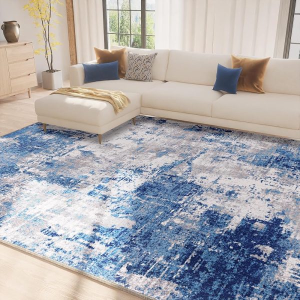 Washable Area Rugs 8'x10' Non-Slip Modern Abstract Soft for Living Room Entryway Bedroom, Blue Grey Navy Gray