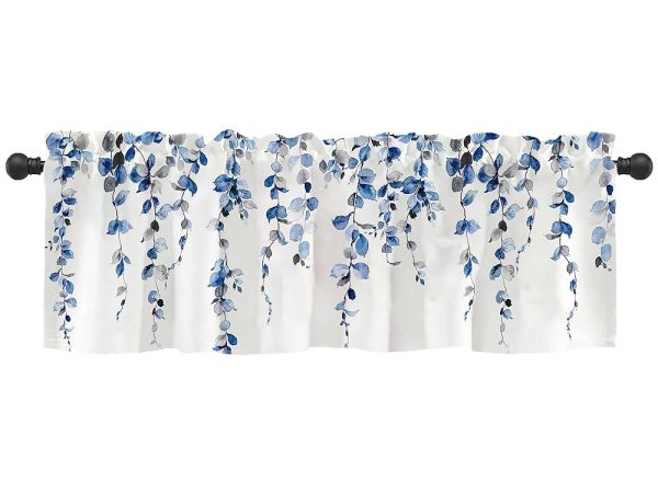 Watercolor Blue Leaves Window Valance for Bedroom Living Room, Grey Leaf Vine Plant Curtains Valanes for Windows, 3" Rod Pocket Window Treatment for Season Home Decorations, 54...