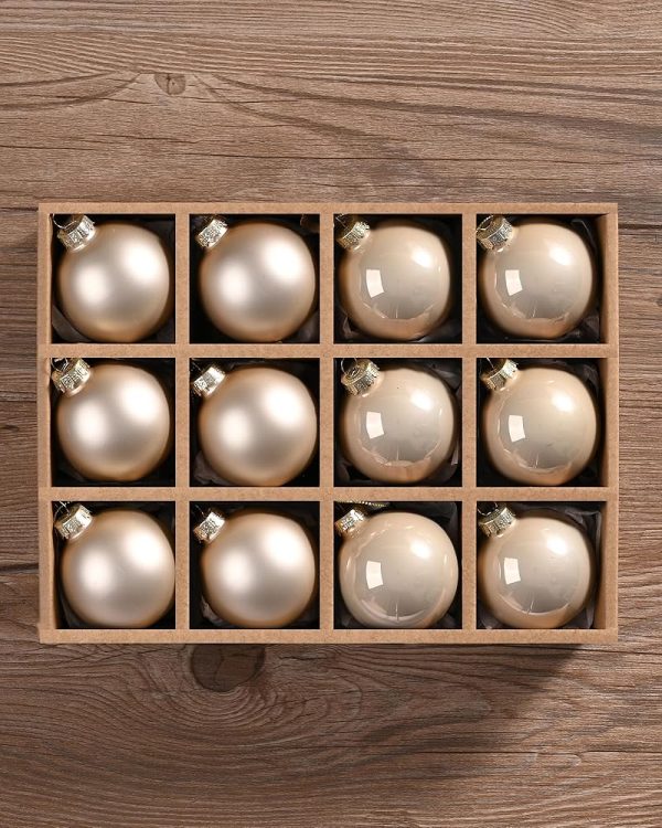 WDS WONDROUS Glass Christmas Hanging Ball Ornaments, Set of 12 Decorative Balls for Xmas Tree Decoration, 2.36inch Glass Ball Present for Holiday, Wedding, Engagement (Champagne)