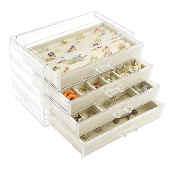 Weiai Acrylic Jewelry Organizer, Clear Jewelry Box with 4 Drawers, Jewelry Case Storage for Women (Beige)