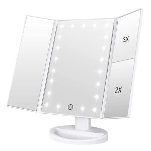 WEILY Makeup Mirror with 21 LED Lights,Two Power Supply Modes, Adjustable Touch Screen and 1x/2x/3x Magnification Tri-Fold Vanity Mirror,Chargeable Travel Cosmetic Mirror for...