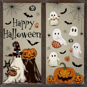 Whaline 6 Sheets Halloween Window Clings Vintage Ghost Evil Pumpkin Bat Reusable Window Decals for Halloween Fall Party Supplies Home Glass Decor