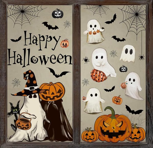 Whaline 6 Sheets Halloween Window Clings Vintage Ghost Evil Pumpkin Bat Reusable Window Decals for Halloween Fall Party Supplies Home Glass Decor