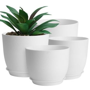 Whonline Plastic Plant Pots, 4 Pack 10/9/8/6 Inch Large Planters White Flower Pots for Indoor Outdoor Plants with Drainage Hole and Tray, Modern Decorative Pots for Home Garden