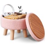 Wimarsbon Storage Ottoman, Modern Round Footrest with Soft Padded Seat, Teddy Velvet Footstool with Wood Legs, Accent Small Table or Plant Stand for Hallway, Living Room (Pink)