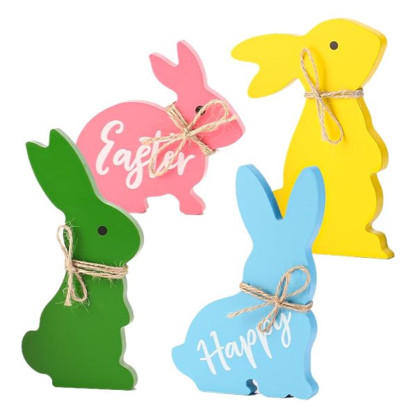 Wooden Cute Bunnies Easter Decorations for The Home Easter Table Decor,4PCS Cute Easter Bunny Decor with Jute Twine Bow Spring Decorations Easter Tiered Tray Decor for Party Favors