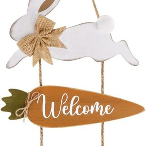 Wooden Easter Decor, 3Pcs Rustic Bunny Welcome Sign, Hanging Ornament for Wall, Home Indoor Outdoor Spring Decor Supplies