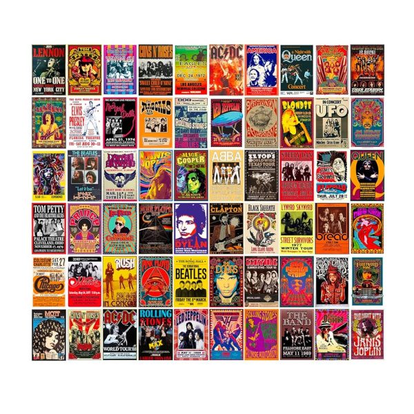 WOONKIT 60 PC Vintage Rock Band Posters, 70s 80s 90s Retro Concert Prints, Bedroom Wall Art, Album Cover Collage, 4x6 Inch (Set of 60)