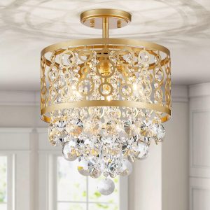 WUZUPS Crystal Drum Chandelier Flushmount Ceiling Light Modern Lighting Fixture for Entry Hallway Kitchen Bathroom Bedroom, H 16.3'' x W 13'', E12 Base, Gold