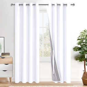 XWZO 100% Blackout Curtains 2 Panels with Tiebacks- Heat and Full Light Blocking Window Treatment with Black Liner for Bedroom/Nursery, Grommet Top, White, W52 x L84 Inches...