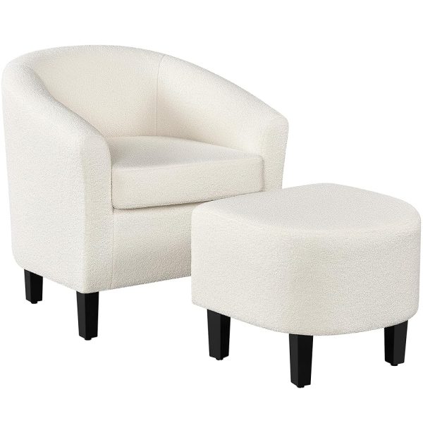 Yaheetech Accent Chair and Ottoman Set, Modern Fuzzy Sherpa Barrel Chair and Footrest, Comfy Boucle Armchair and Footstool for Living Room/Bedroom/Reading Room/Guestroom, Ivory