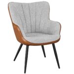 Yaheetech Accent Chair, Modern Fuzzy Boucle Fabric and Faux Leather Armchair, Upholstered Vanity Chair with High Curved Back and Metal Legs for Living Room Makeup Bedroom,...