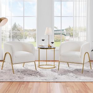 Yaheetech Accent Chair Set of 2, Armchair Set, Side Chairs for Living Room, Boucle Fabric Vanity Chairs with Gold Legs for Bedroom Office Readig Nook, Ivory